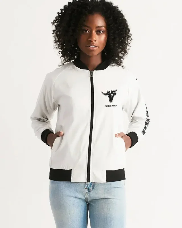 THE WHITE  BULL Women's Bomber Jacket Front Pockets Side Pockets Patch Pockets