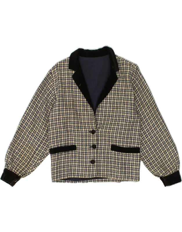 VINTAGE Womens 3 Button Blazer Jacket UK 14 Large Beige Houndstooth Denim Jacket Leather Jacket Suede Jacket