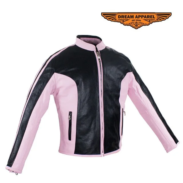 Womens Leather Jacket Black and Pink Bomber Jacket Anorak Windbreaker