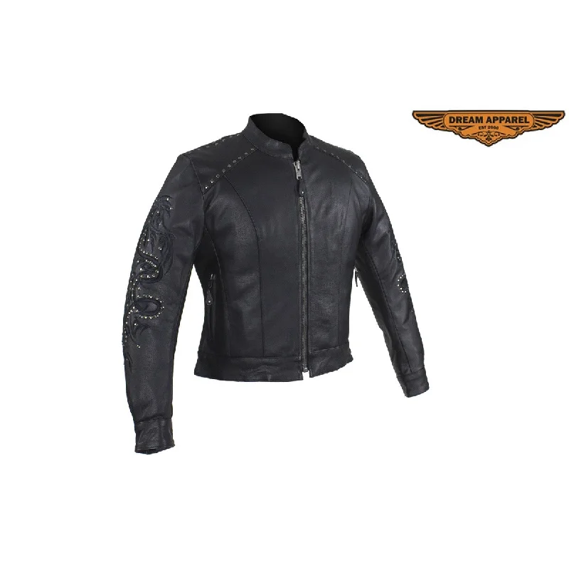 Women's Leather Jacket With Tribal Embroidery & Studs Cotton Fabric Linen Fabric Terry Fabric Women's Leather Jacket With Tribal Embroidery & Studs Cotton Fabric Linen Fabric Terry Fabric