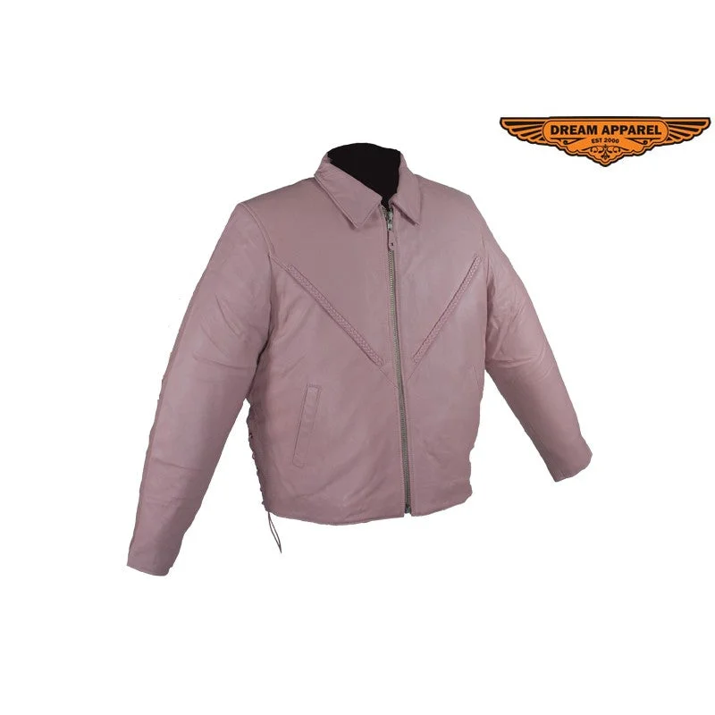 Women's Soft Pink Leather Motorcycle Jacket Boat Neck Shawl Collar Notched Collar