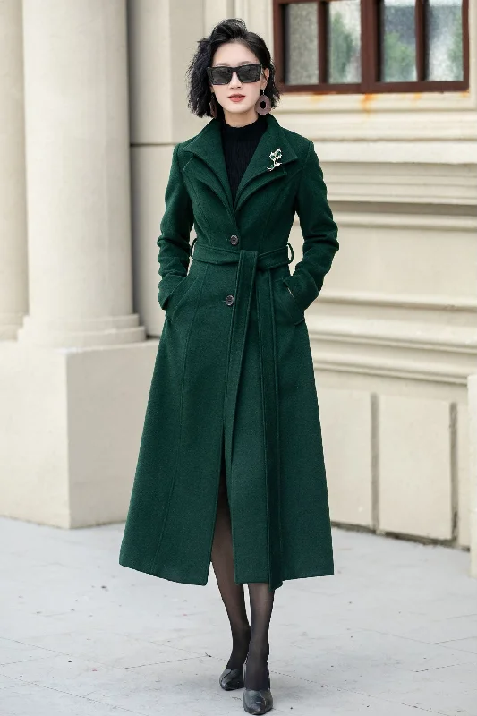 Green long wool trench coat women 5350