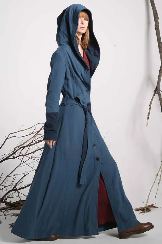 Blue linen cotton trench coat with large hood 1139#