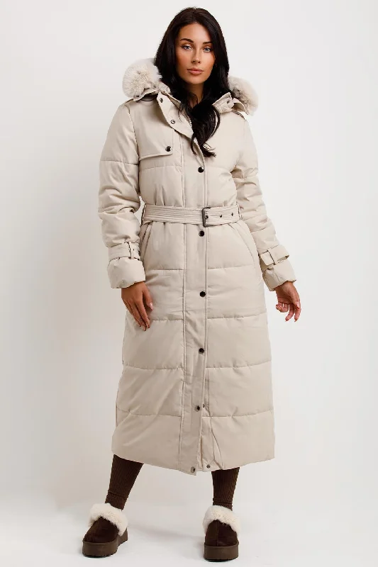 Long Puffer Trench Coat With Belt And Faux Fur Hood Beige