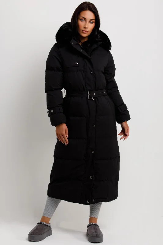 Long Puffer Trench Coat With Belt And Faux Fur Hood Black