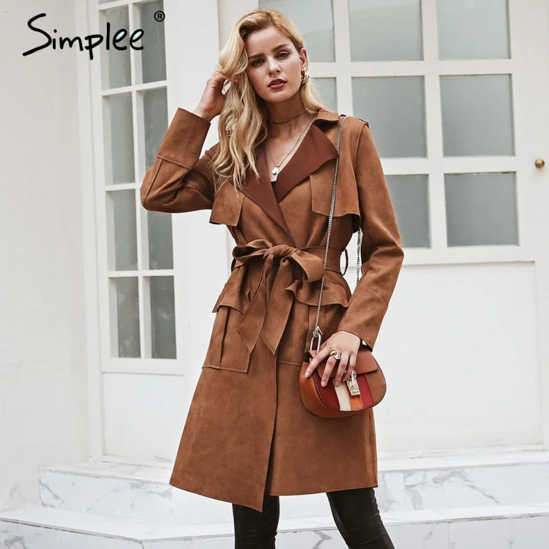 Turn down collar sash suede trench coat Casual leather pocket