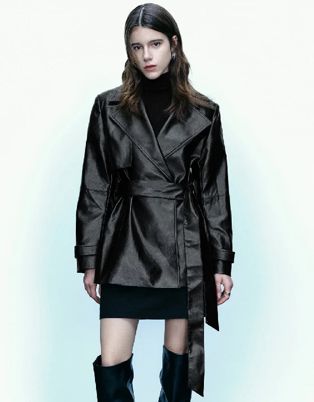 Vegan Leather Trench Coat With Belt