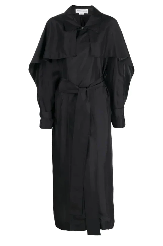 Victoria Beckham Pleated Back Fluid Silk Trench Coat - Black