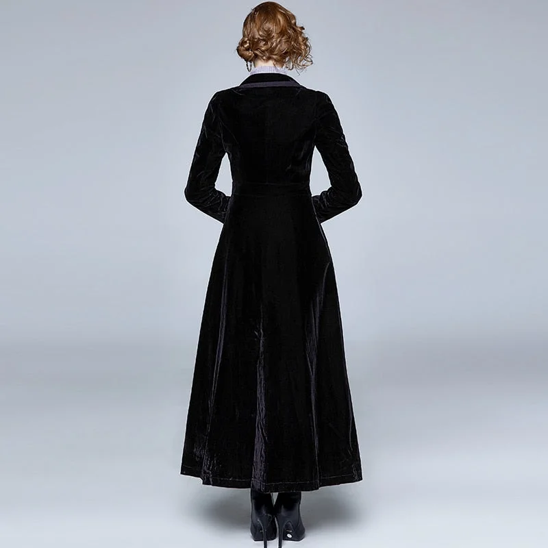 Znbbw Winter Runway Designer Women Vintage Notched Collar Wrap Black Velvet Maxi Coat Thick Warm Long Trench Coat Outwear