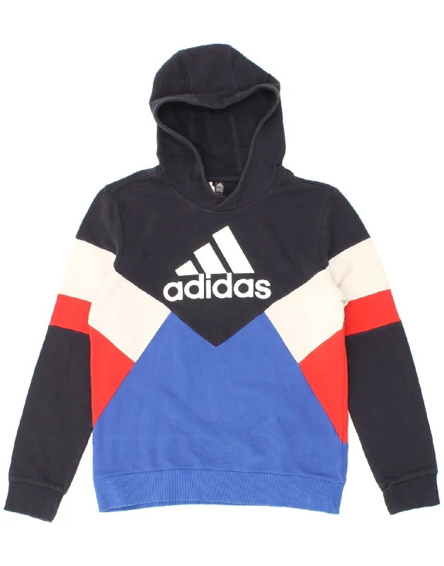 ADIDAS Boys Graphic Hoodie Jumper 13-14 Years Navy Blue Colourblock Cotton