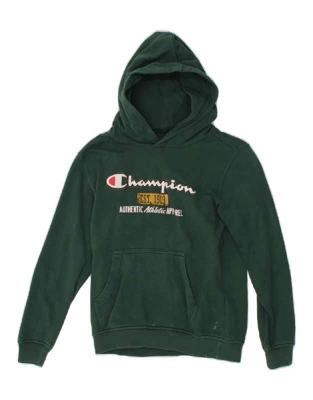 CHAMPION Boys Graphic Hoodie Jumper 9-10 Years Medium Green Cotton