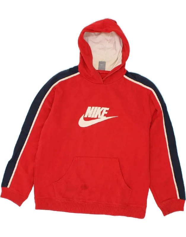 NIKE Mens Graphic Hoodie Jumper UK 42/44 Large Red Colourblock Cotton