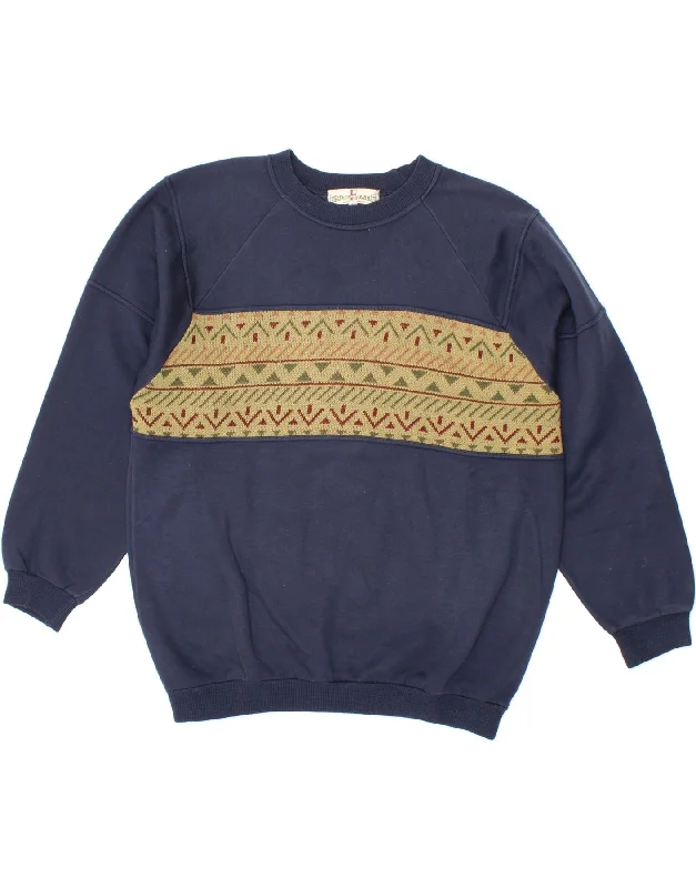 VINTAGE Mens Sweatshirt Jumper Large Navy Blue Fair Isle Cotton