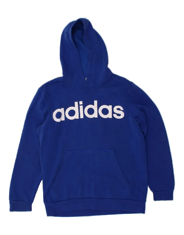 ADIDAS Boys Graphic Hoodie Jumper 13-14 Years Large Blue Cotton Hoodie with Hem Embroidery Detailed Premium ADIDAS Boys Graphic Hoodie Jumper 13-14 Years Large Blue Cotton Hoodie with Hem Embroidery Detailed Premium