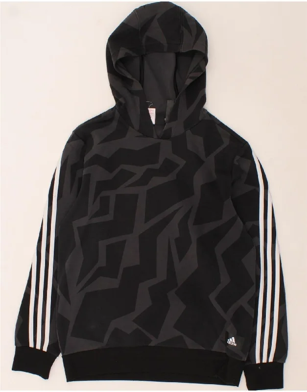 ADIDAS Boys Hoodie Jumper 13-14 Years Black Geometric Cotton Hoodie with Raw Hem Edgy Unfinished ADIDAS Boys Hoodie Jumper 13-14 Years Black Geometric Cotton Hoodie with Raw Hem Edgy Unfinished