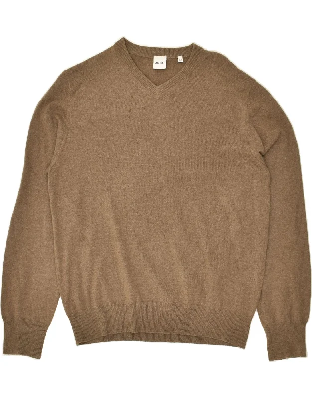 ASPESI Womens V-Neck Jumper Sweater IT 52 2XL Brown Cashmere Ribbed Striped Patterned ASPESI Womens V-Neck Jumper Sweater IT 52 2XL Brown Cashmere Ribbed Striped Patterned