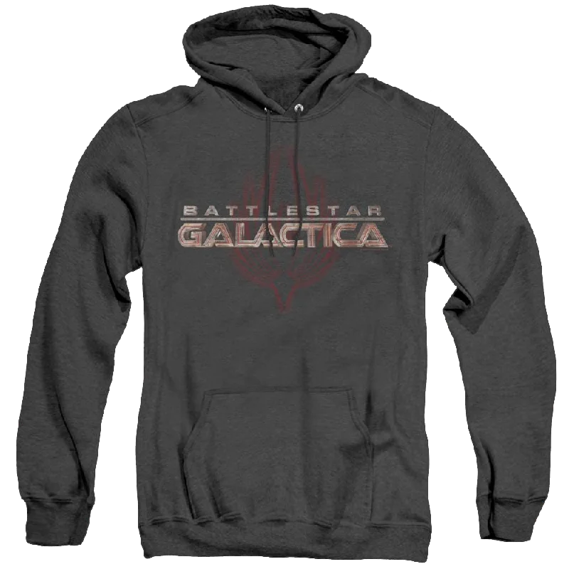 Battlestar Galactica (2004) Logo With Phoenix - Heather Pullover Hoodie Lantern Sleeve Elegant Battlestar Galactica (2004) Logo With Phoenix - Heather Pullover Hoodie Lantern Sleeve Elegant
