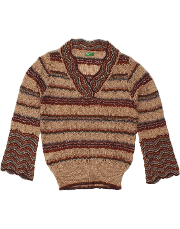BENETTON Womens 3/4 Sleeve V-Neck Jumper Sweater UK 14 Large Brown Striped Fitted Loose Oversized
