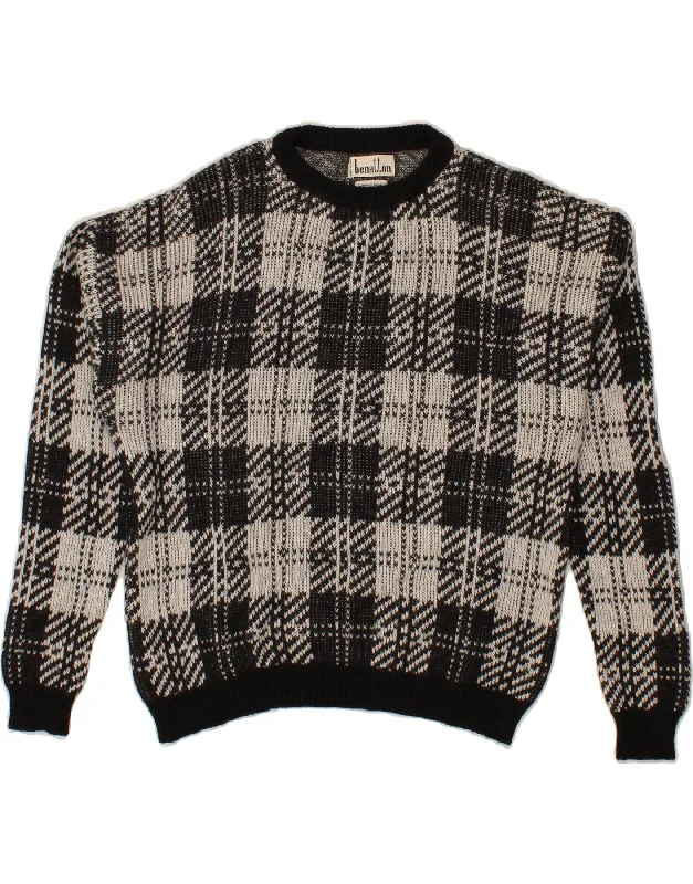 BENETTON Womens Oversized Crew Neck Jumper Sweater UK 6 XS Black Check Fitted Slim Tailored BENETTON Womens Oversized Crew Neck Jumper Sweater UK 6 XS Black Check Fitted Slim Tailored