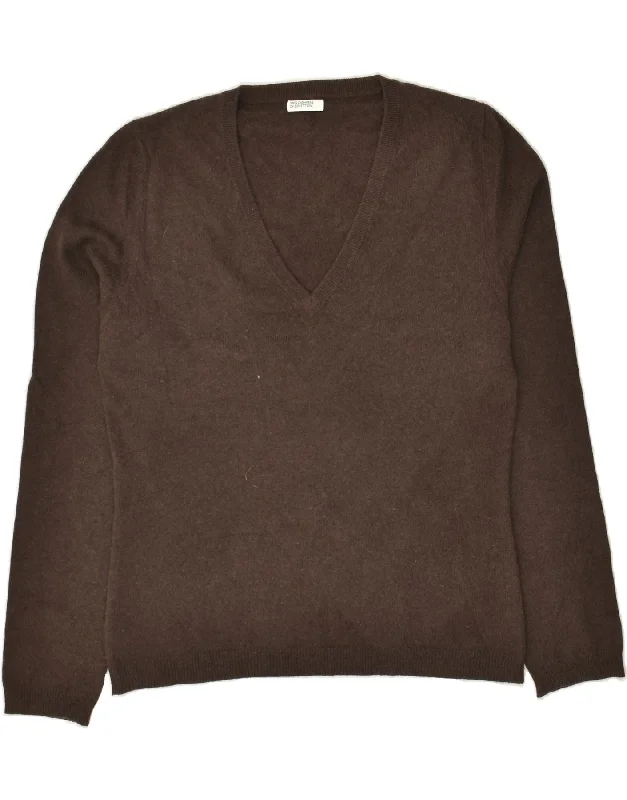 BENETTON Womens V-Neck Jumper Sweater UK 12 Medium Brown Bright Pastel Dark