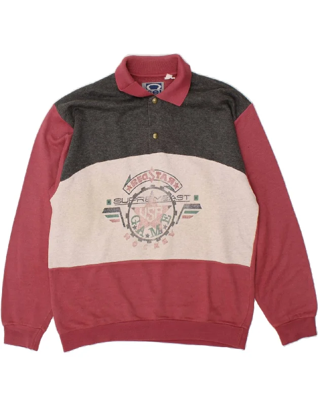 CAMPAGNOLO Mens Graphic Polo Neck Sweatshirt Jumper IT 46 Small Maroon Hoodie with Hem Contrast Bold Stylish