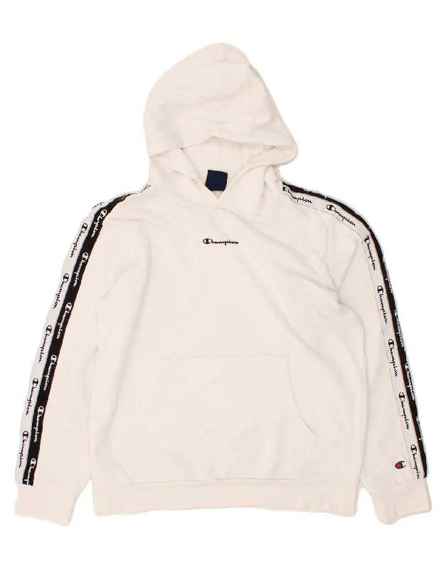 CHAMPION Boys Graphic Hoodie Jumper 13-14 Years XL White Colourblock Hoodie with Monochrome Minimalist Simple CHAMPION Boys Graphic Hoodie Jumper 13-14 Years XL White Colourblock Hoodie with Monochrome Minimalist Simple