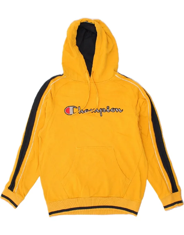 CHAMPION Mens Graphic Hoodie Jumper Medium Yellow Colourblock Cotton Hoodie with Frayed Bohemian Relaxed CHAMPION Mens Graphic Hoodie Jumper Medium Yellow Colourblock Cotton Hoodie with Frayed Bohemian Relaxed