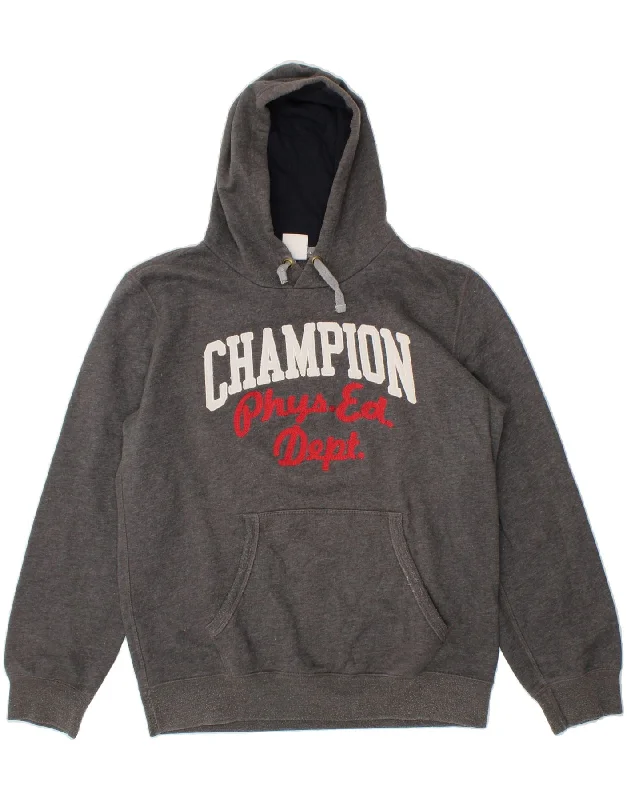 CHAMPION Mens Graphic Hoodie Jumper XL Grey Cotton Hoodie with Hem Raw Edge Edgy Unfinished