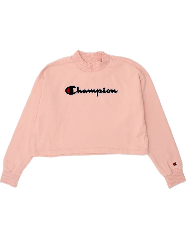 CHAMPION Womens Crop Graphic Sweatshirt Jumper UK 16 Large Pink Cotton Hoodie with Hem Frayed Vintage Worn CHAMPION Womens Crop Graphic Sweatshirt Jumper UK 16 Large Pink Cotton Hoodie with Hem Frayed Vintage Worn