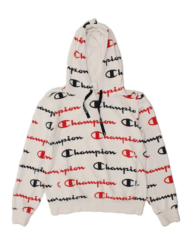CHAMPION Womens Graphic Hoodie Jumper UK 14 Medium White Cotton Hoodie with Mock Neck Collared Structured CHAMPION Womens Graphic Hoodie Jumper UK 14 Medium White Cotton Hoodie with Mock Neck Collared Structured