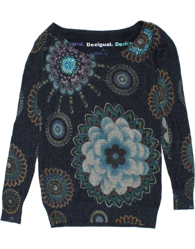 DESIGUAL Womens Boat Neck Jumper Sweater EU 36 Small Navy Blue Floral Handmade Hand-knitted Hand-woven DESIGUAL Womens Boat Neck Jumper Sweater EU 36 Small Navy Blue Floral Handmade Hand-knitted Hand-woven