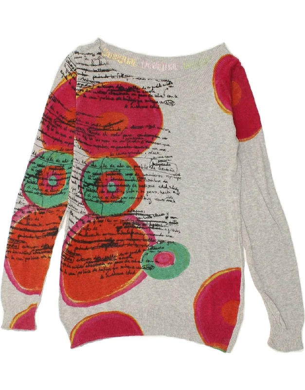 DESIGUAL Womens Graphic Boat Neck Jumper Sweater UK 14 Large Grey Cashmere Blend Cotton Blend Poly Blend DESIGUAL Womens Graphic Boat Neck Jumper Sweater UK 14 Large Grey Cashmere Blend Cotton Blend Poly Blend