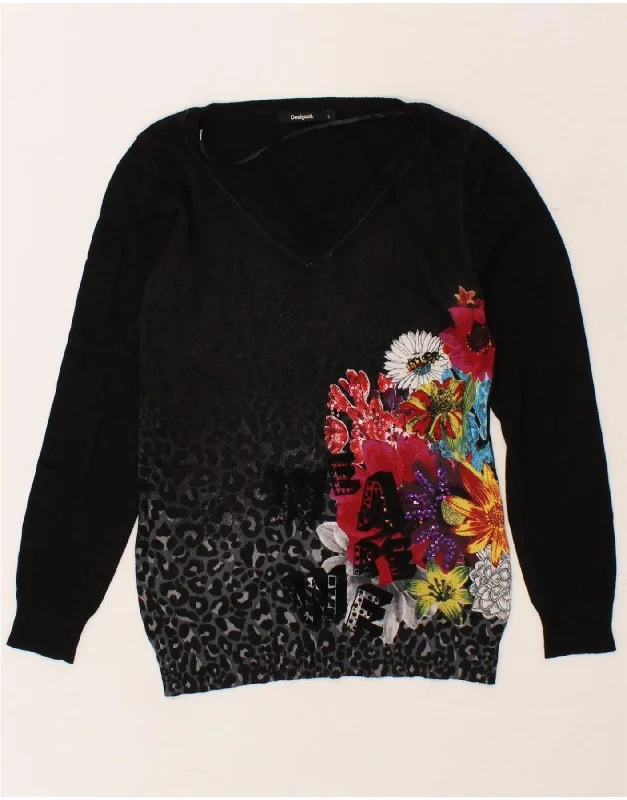DESIGUAL Womens Graphic V-Neck Jumper Sweater UK 14 Large Black Floral Print Jacquard Patchwork DESIGUAL Womens Graphic V-Neck Jumper Sweater UK 14 Large Black Floral Print Jacquard Patchwork