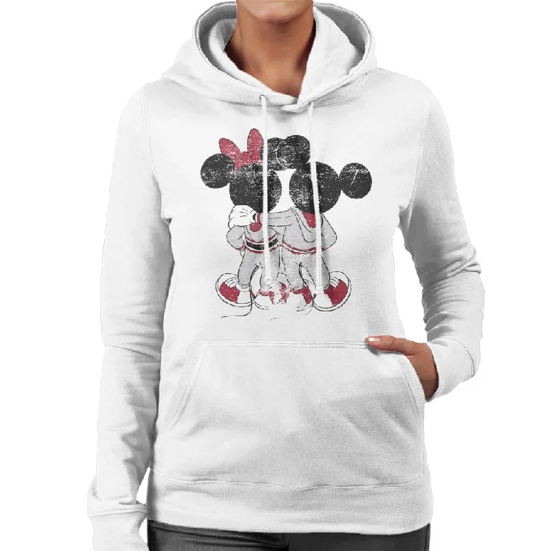 Disney Mickey And Minnie Mouse Together Distressed Back Women's Hooded Sweatshirt Hoodie with Thumb Holes Functional Cozy