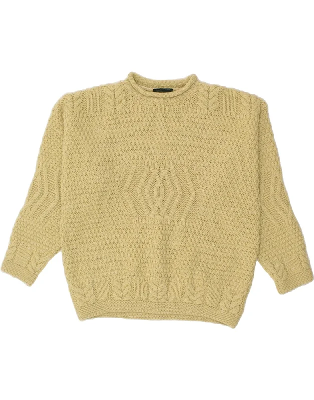 DOOGAN DONEGAL Womens Turtle Neck Jumper Sweater UK 14 Medium Yellow Wool Zippered Front Buttoned Front Snap Front