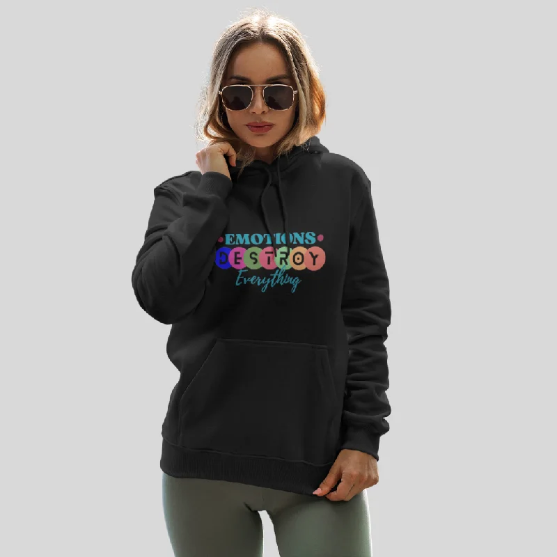 "Emotions Destroy Everything" Printed Women's Black Hoodie! Hoodie with Belted Waist Structured Tailored "Emotions Destroy Everything" Printed Women's Black Hoodie! Hoodie with Belted Waist Structured Tailored