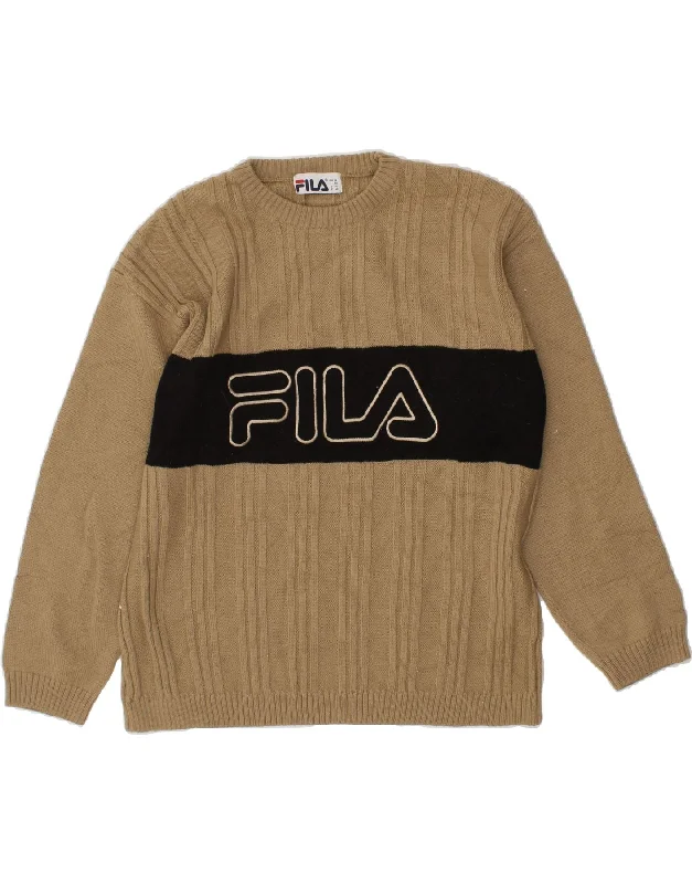FILA Womens Graphic Crew Neck Jumper Sweater IT 50 Medium Beige Front Pockets Side Pockets Patch Pockets FILA Womens Graphic Crew Neck Jumper Sweater IT 50 Medium Beige Front Pockets Side Pockets Patch Pockets