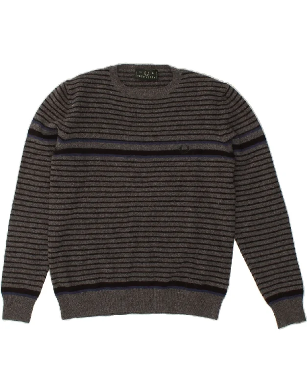 FRED PERRY Womens Crew Neck Jumper Sweater UK 16 Large Grey Striped Beaded Sweater Sequined Faux Fur FRED PERRY Womens Crew Neck Jumper Sweater UK 16 Large Grey Striped Beaded Sweater Sequined Faux Fur