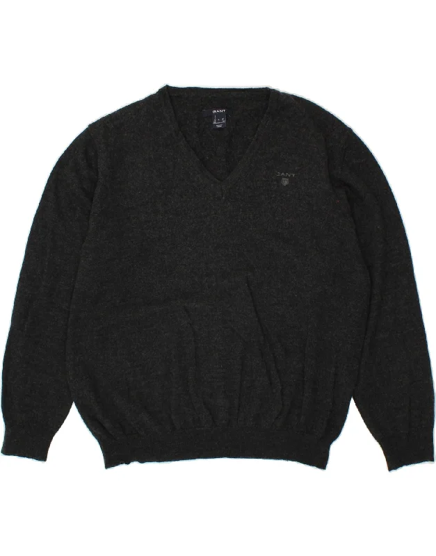 GANT Womens V-Neck Jumper Sweater UK 16 Large Grey Wool Transparent Opaque Sheer