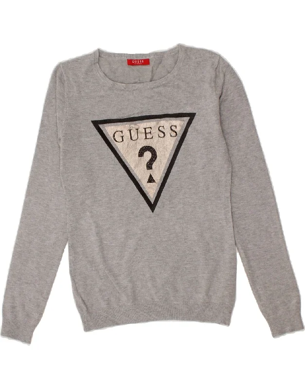 GUESS Womens Graphic Boat Neck Jumper Sweater UK 12 Medium Grey Viscose Handmade Hand-knitted Hand-woven GUESS Womens Graphic Boat Neck Jumper Sweater UK 12 Medium Grey Viscose Handmade Hand-knitted Hand-woven