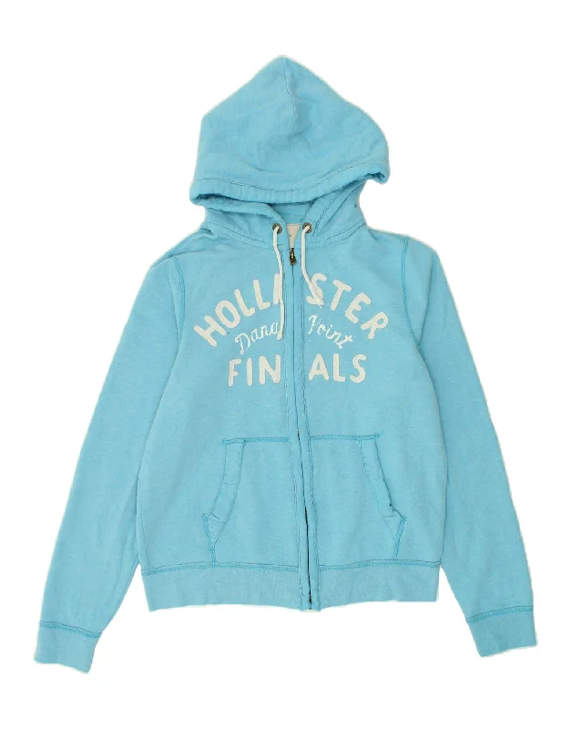 HOLLISTER Womens Loose Fit Graphic Zip Hoodie Sweater UK 14 Medium Blue Cotton Fabric Linen Fabric Terry Fabric HOLLISTER Womens Loose Fit Graphic Zip Hoodie Sweater UK 14 Medium Blue Cotton Fabric Linen Fabric Terry Fabric