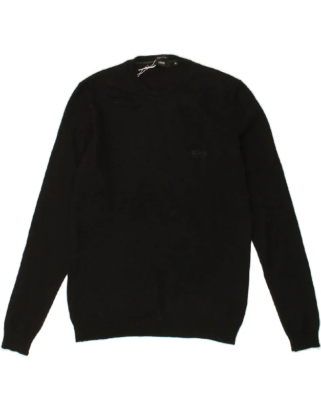 HUGO BOSS Womens Crew Neck Jumper Sweater UK 12 Medium Black Merino Wool Satin Blend Silk Blend Wool Blend HUGO BOSS Womens Crew Neck Jumper Sweater UK 12 Medium Black Merino Wool Satin Blend Silk Blend Wool Blend