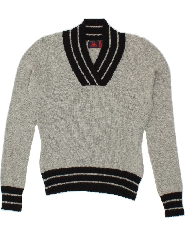 KAPPA Womens V-Neck Jumper Sweater UK 12 Medium Grey Wool Hooded Sweater Collared Sweater Shawl Collar KAPPA Womens V-Neck Jumper Sweater UK 12 Medium Grey Wool Hooded Sweater Collared Sweater Shawl Collar