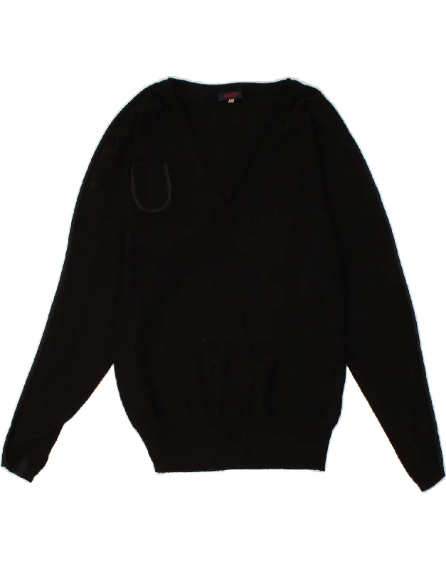 KENZO Womens Batwing V-Neck Jumper Sweater UK 12 Medium Black Terry Terry Cloth Terry Knit