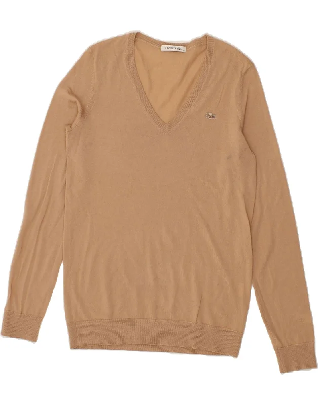LACOSTE Womens V-Neck Jumper Sweater Size 40 Medium Beige Wool Fabric Cashmere Fabric Tweed Fabric LACOSTE Womens V-Neck Jumper Sweater Size 40 Medium Beige Wool Fabric Cashmere Fabric Tweed Fabric