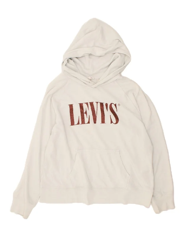 LEVI'S Womens Graphic Hoodie Jumper UK 16 Large White Cotton Hoodie with Bell Sleeves Flared Feminine