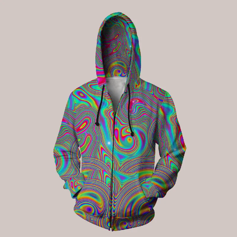 Liquisyrgic Hoodie – Trippy Swirl Psychedelic Art Hoodie with Emblem Brand Identity