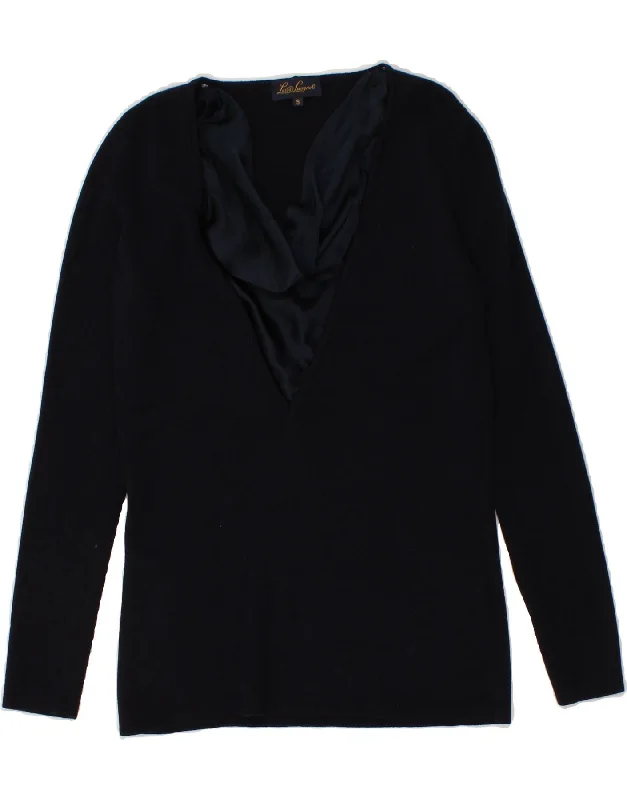 LUISA SPAGNOLI Womens V-Neck Jumper Sweater UK 10 Small Navy Blue Wool Spandex Rayon Corduroy