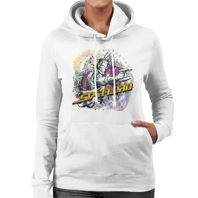 Marvel Guardians Of The Galaxy Star Lord Music Spiral Women's Hooded Sweatshirt Hoodie with Hem Frayed Vintage Worn