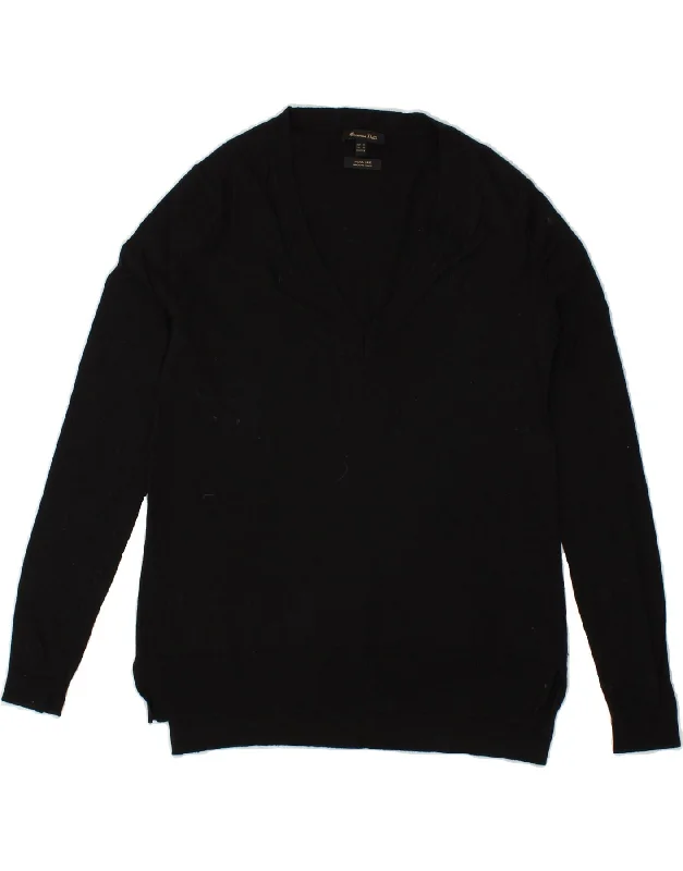 MASSIMO DUTTI Womens V-Neck Jumper Sweater UK 6 XS Black Wool Seamless Knitted Crochet